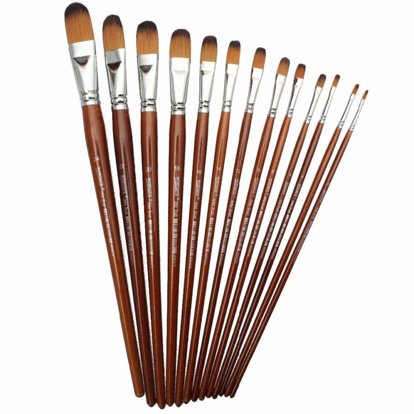 Chrome Stationery Long Handle Synthetic Filbert Tip Artist Paint Brushes -  13 Piece Set - Penrex Chrome Stationery